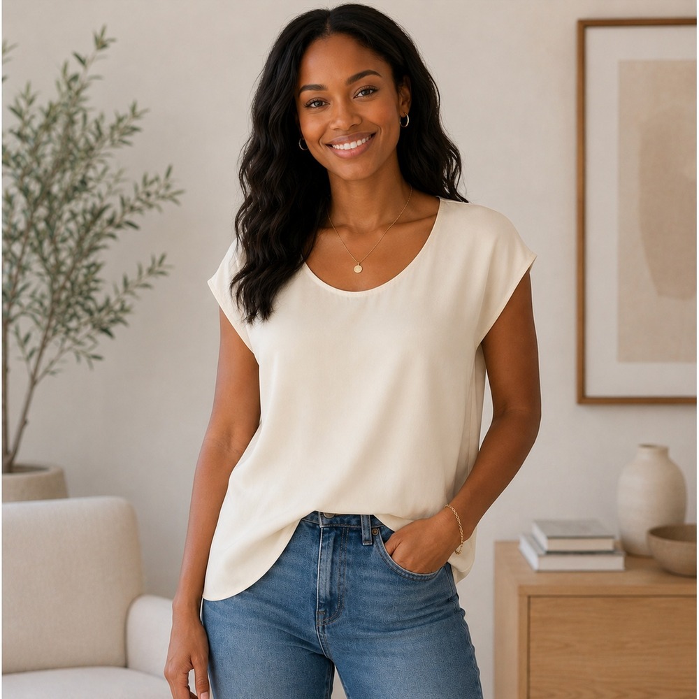 Eileen Fisher 100% Silk Cap Sleeve Blouse Cream Bone Scoop Neck Boxy Top LARGE